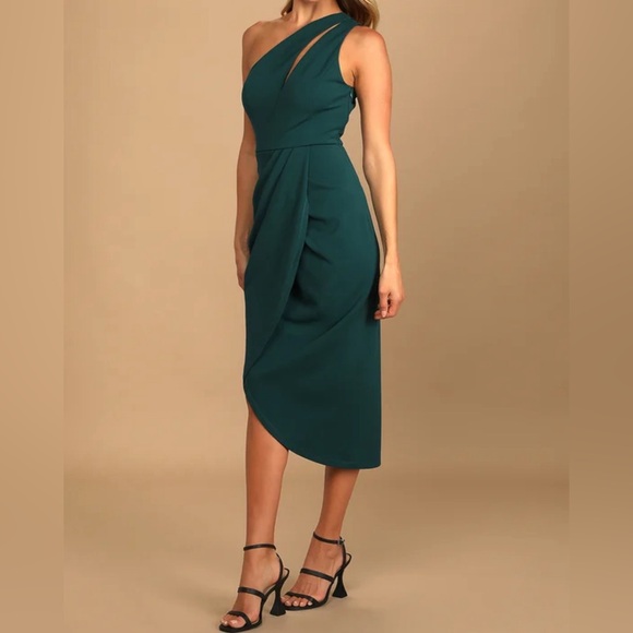 Lulus So Flirty Hunter Green One-Shoulder Cutout Asymmetrical Dress - Picture 2 of 8